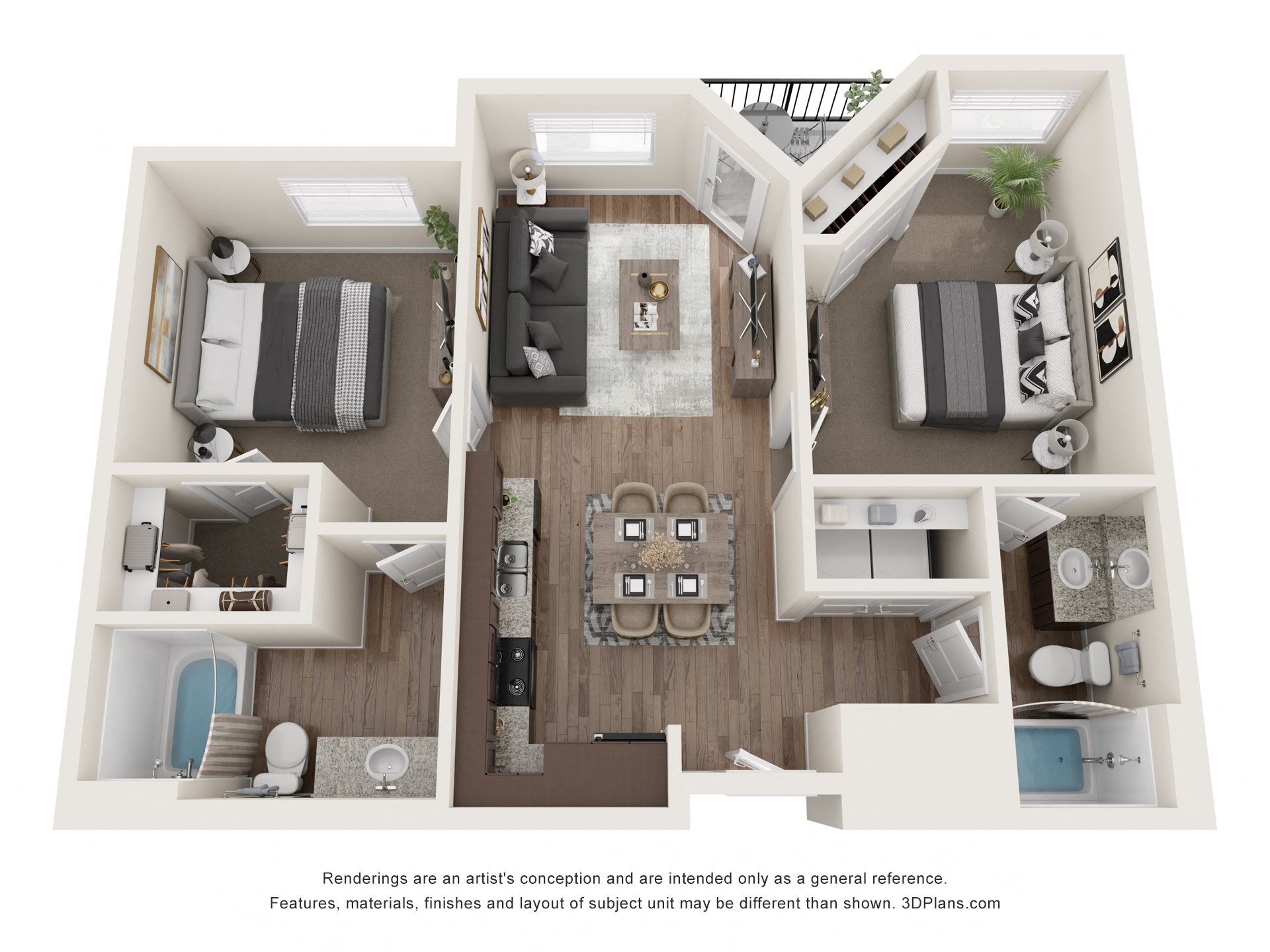 Floor plan for 2 beds, 2 baths, 852 sqft